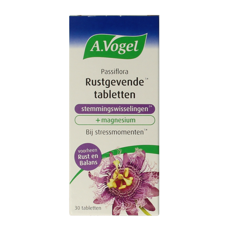 A Vogel Passiflora herbal supplement in a box of 30 tablets, used for mood balancing and stress relief.