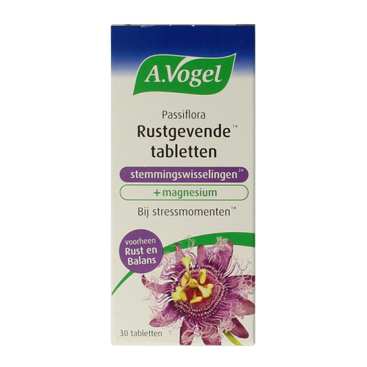 A Vogel Passiflora herbal supplement in a box of 30 tablets, used for mood balancing and stress relief.