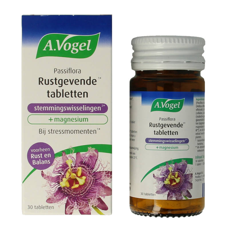 A Vogel Passiflora herbal supplement box with 30 tablets for mood balancing and stress relief, featuring green and white packaging.