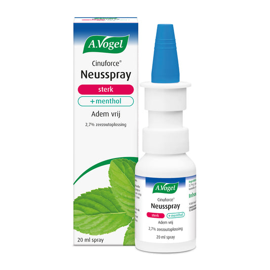 A Vogel Cinuforce Neusspray Extra Sterk with Menthol in 20ml bottle, nasal care and inhalation product for nasal relief.