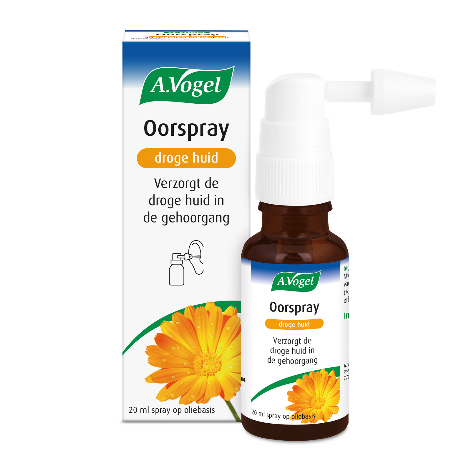 A Vogel Oorspray droge huid ear care spray in 20ml bottle, designed for soothing dry and irritated skin in the ear area.