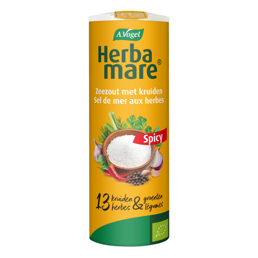 A Vogel Herbamare kruidenzout spicy bio jar, 125g, with colorful herbs and spices visible in the natural seasoning blend.