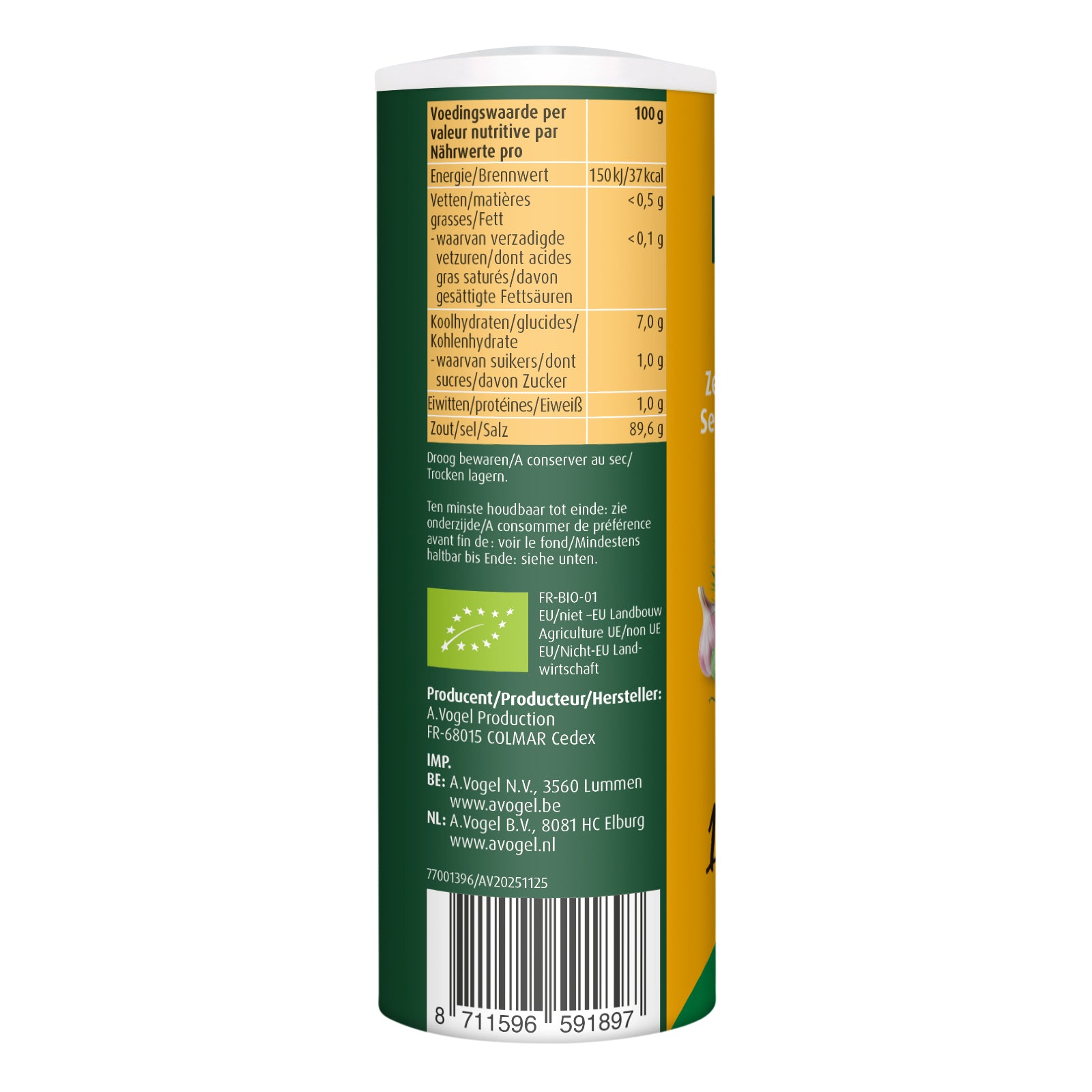 A Vogel Herbamare kruidenzout spicy bio, 125g jar with colorful herbs and spices, natural seasoning for cooking.