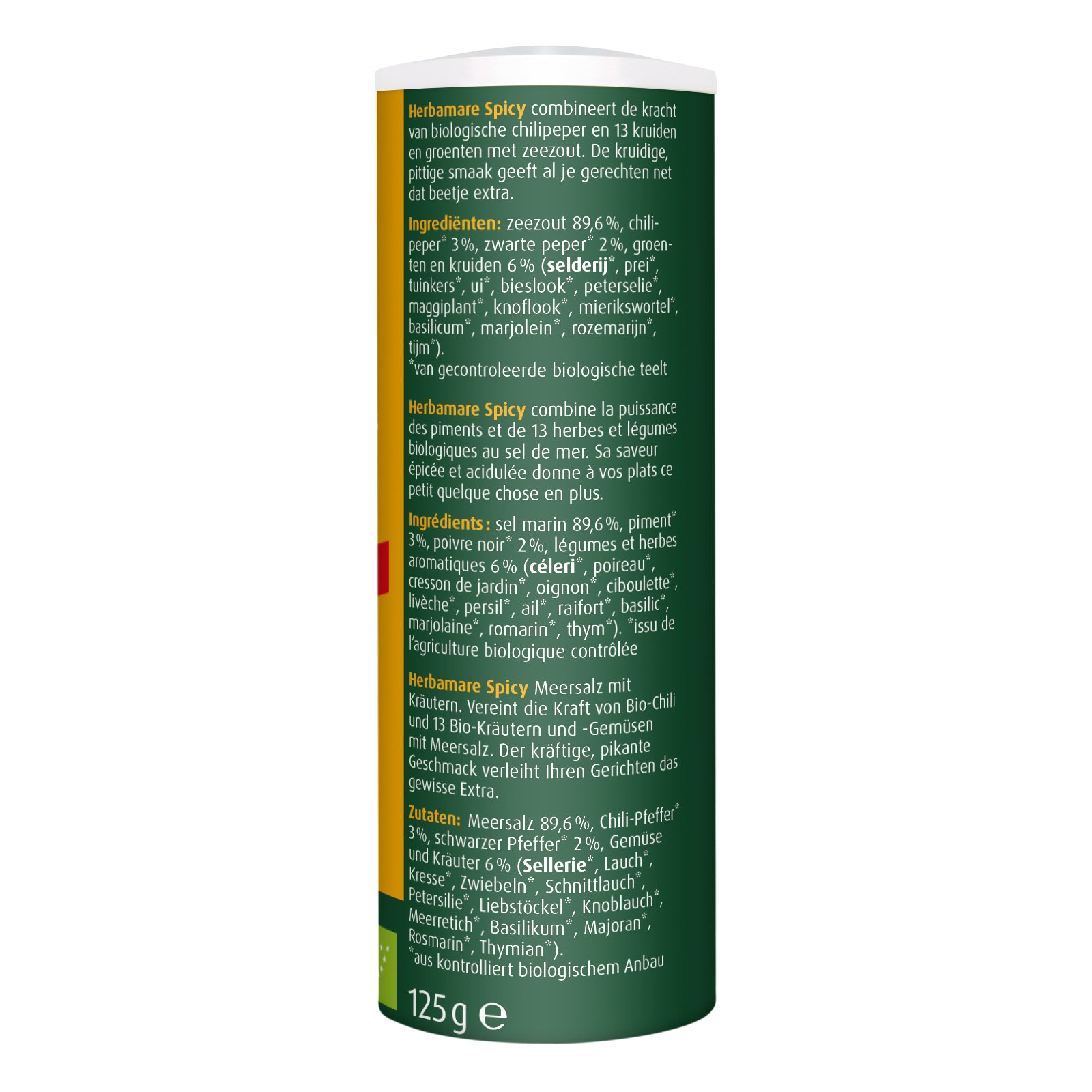A Vogel Herbamare kruidenzout spicy bio, 125g jar with colorful label, containing organic seasoned herbal salt for cooking and seasoning.