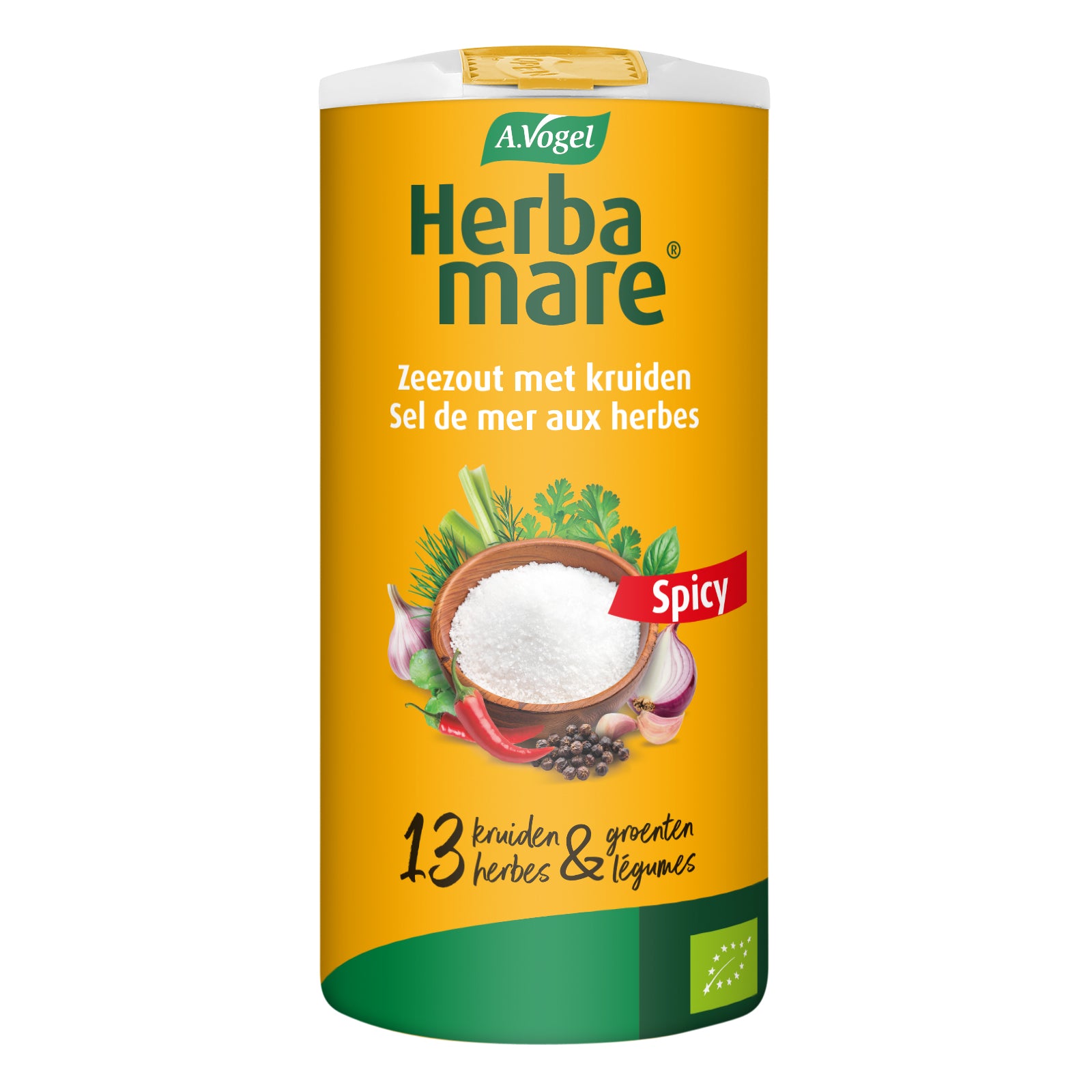 A Vogel Herbamare kruidenzout spicy bio 250g jar with herbs, spices, and salt blend showing on the label.