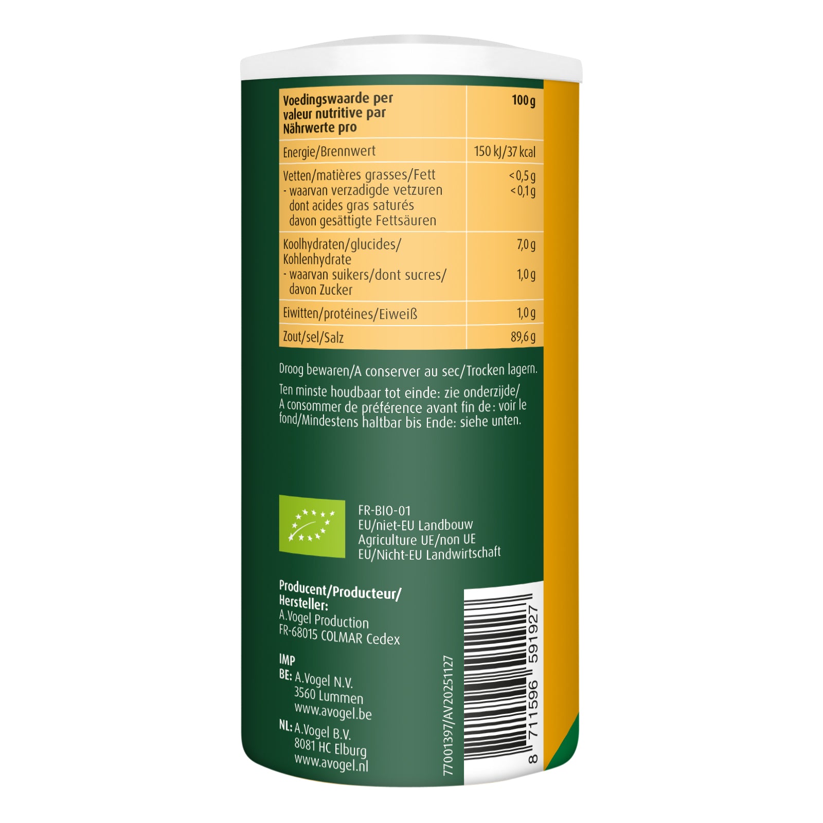 A Vogel Herbamare kruidenzout spicy bio 250g jar with herbs and spices, highlighting the natural, organic seasoning blend.