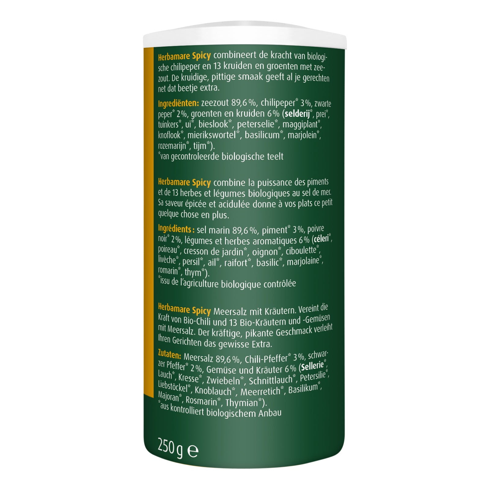 A Vogel Herbamare kruidenzout spicy bio in a 250g jar, featuring a blend of herbs, spices, and sea salt for cooking.