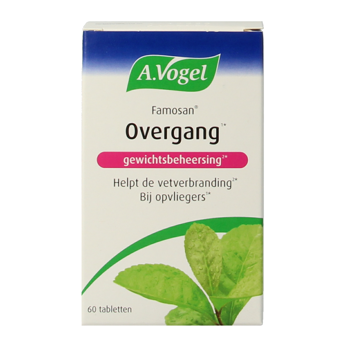A Vogel Famosan Overgang gewichtsbeheersing herbal supplement tablets in a clear container, designed for weight management.