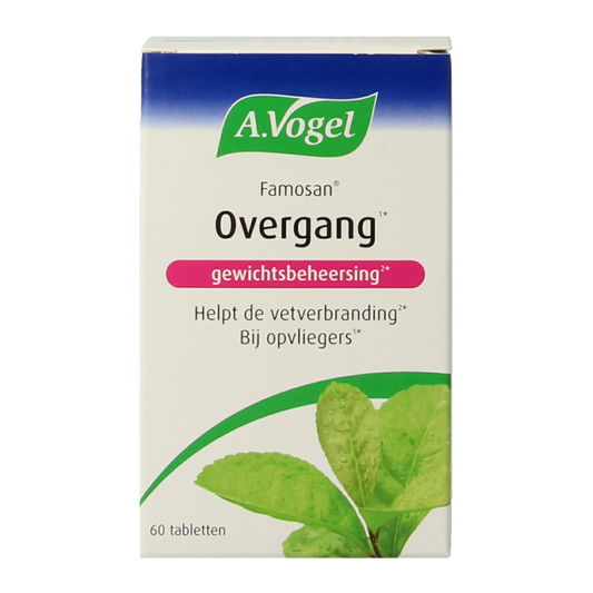 A Vogel Famosan Overgang gewichtsbeheersing herbal supplement tablets in a clear container, designed for weight management.