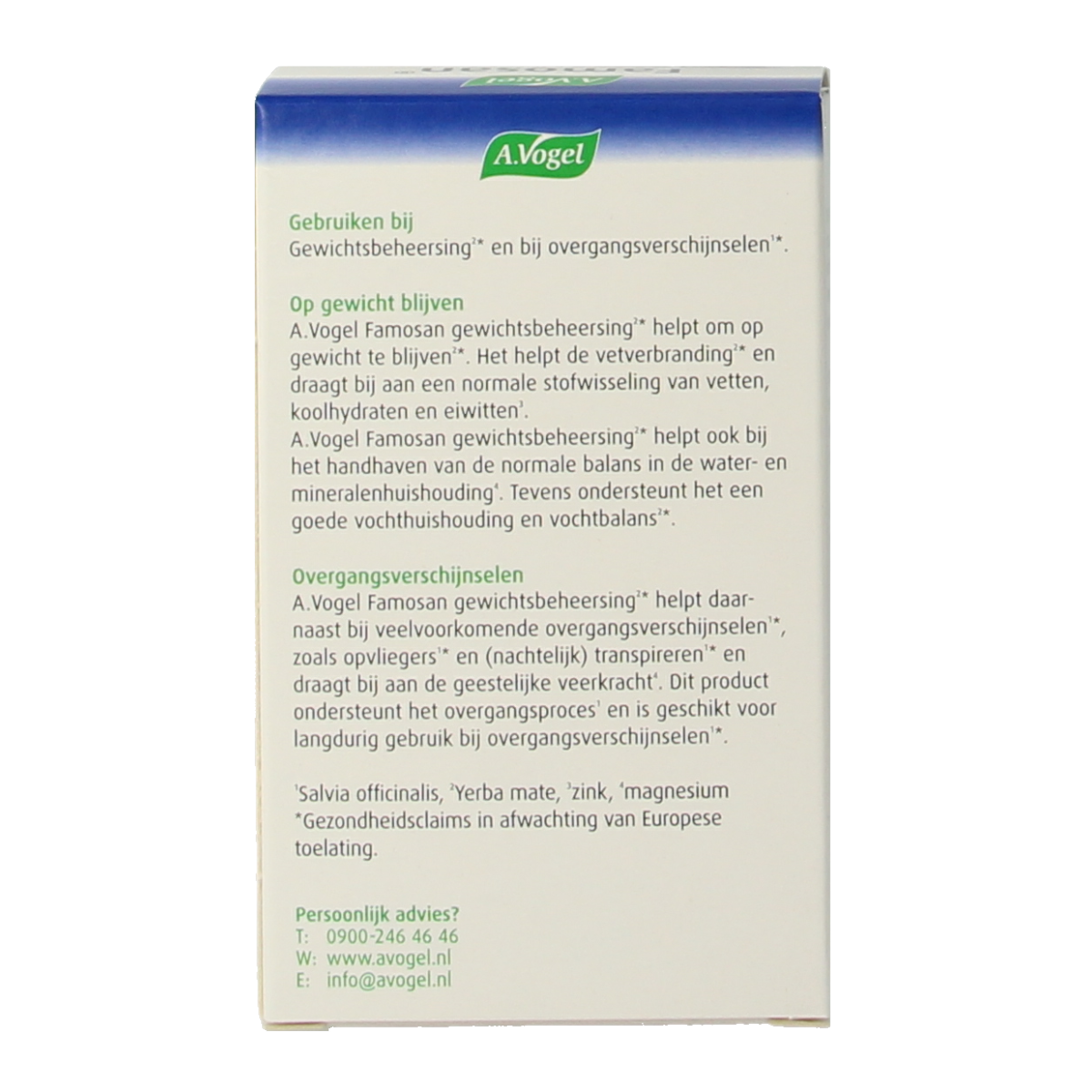 A Vogel Famosan Overgang gewichtsbeheersing herbal supplement tablets in a blister pack for weight management.