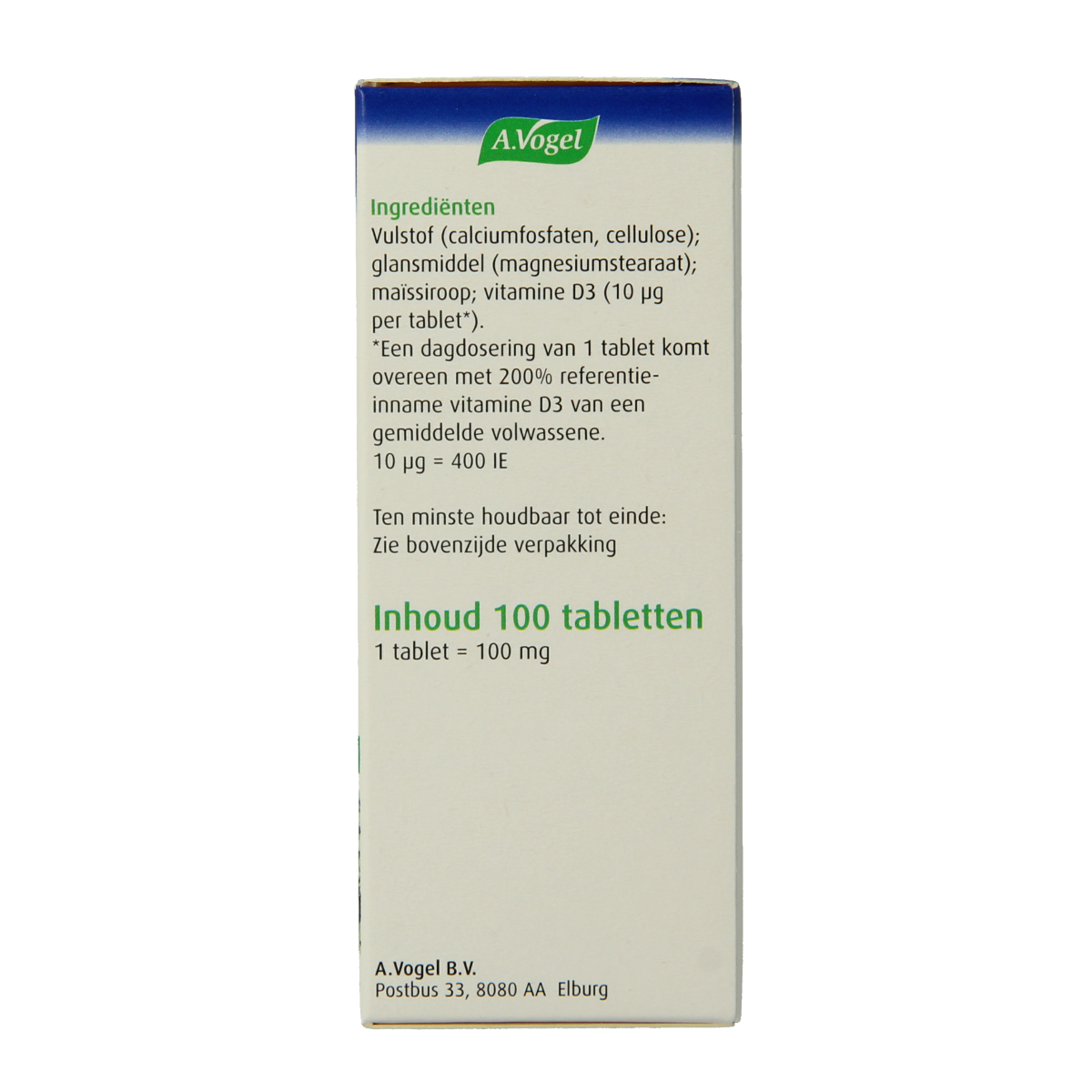 A Vogel Vitamine D3 10ug supplement bottle with 100 tablets, showing the label and product packaging.
