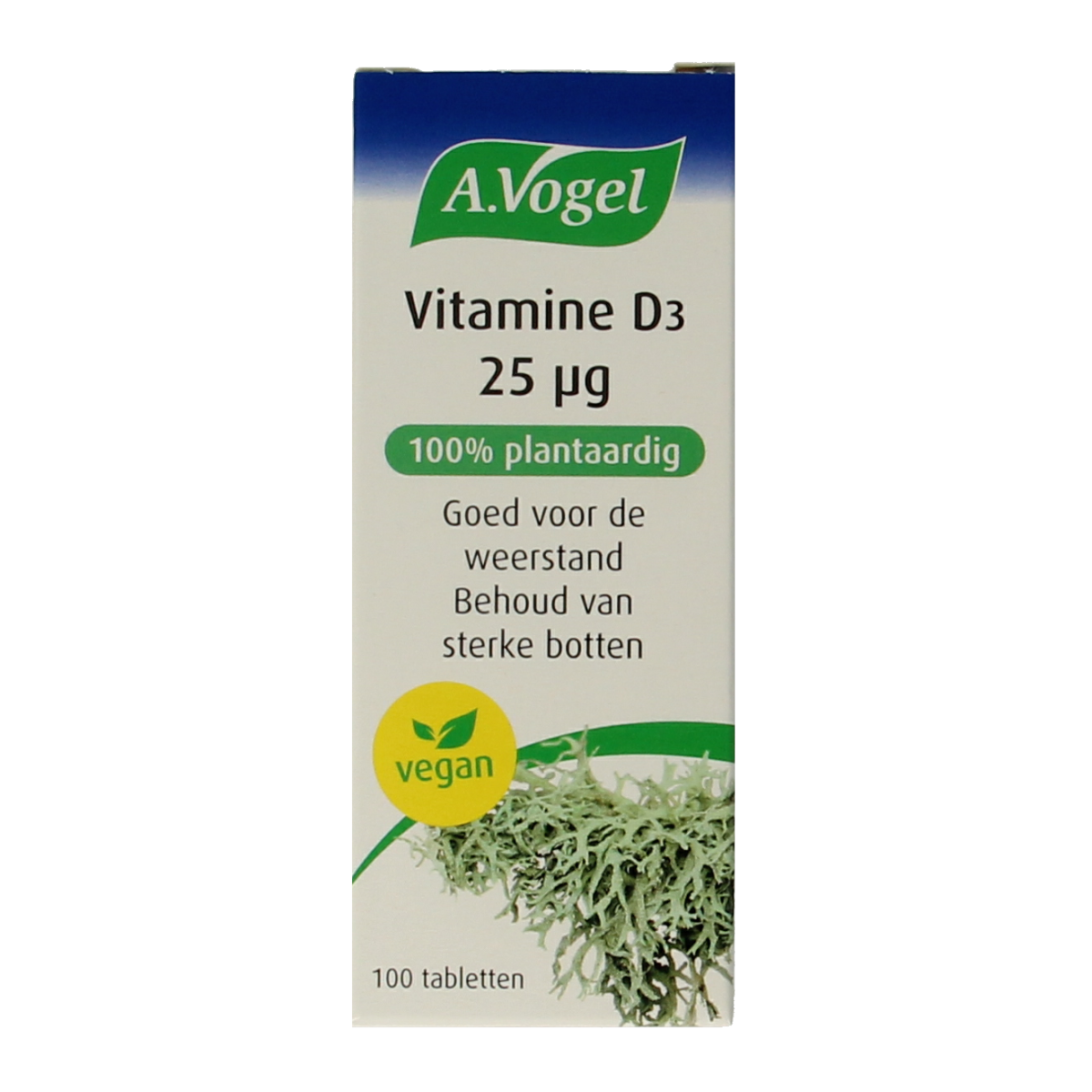 A Vogel Vitamin D3 25µg supplement in a bottle with 100 tablets, shown with the bottle and tablets visible.
