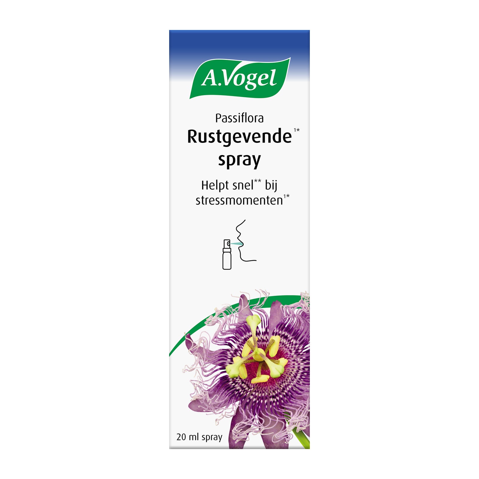 A Vogel Passiflora rustgevende spray bottle, 20ml, herbal remedy in a clear plastic spray container with a white and purple label.