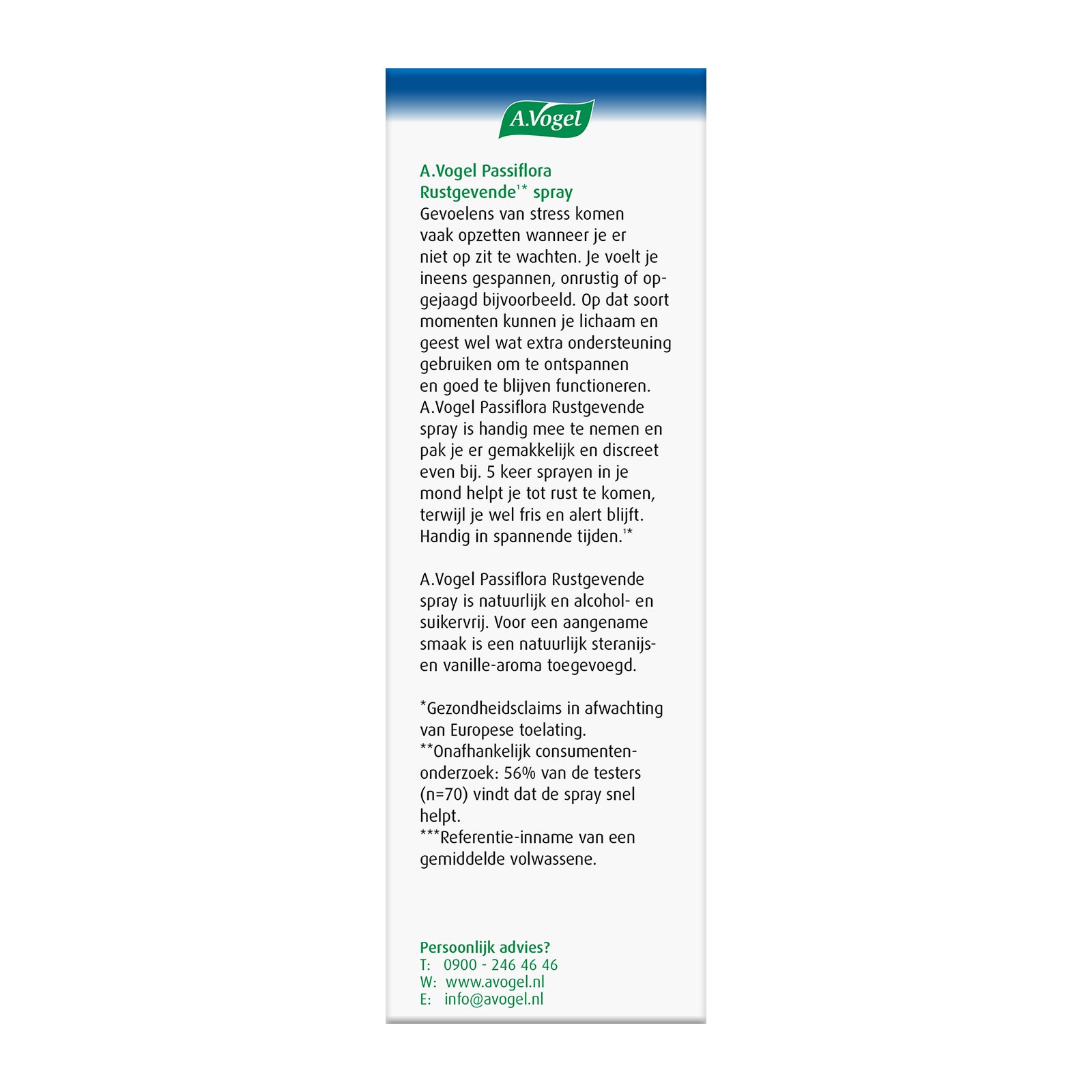 A Vogel Passiflora rustgevende spray in 20ml bottle, herbal preparation for relaxation, with a focus on the product bottle and label.
