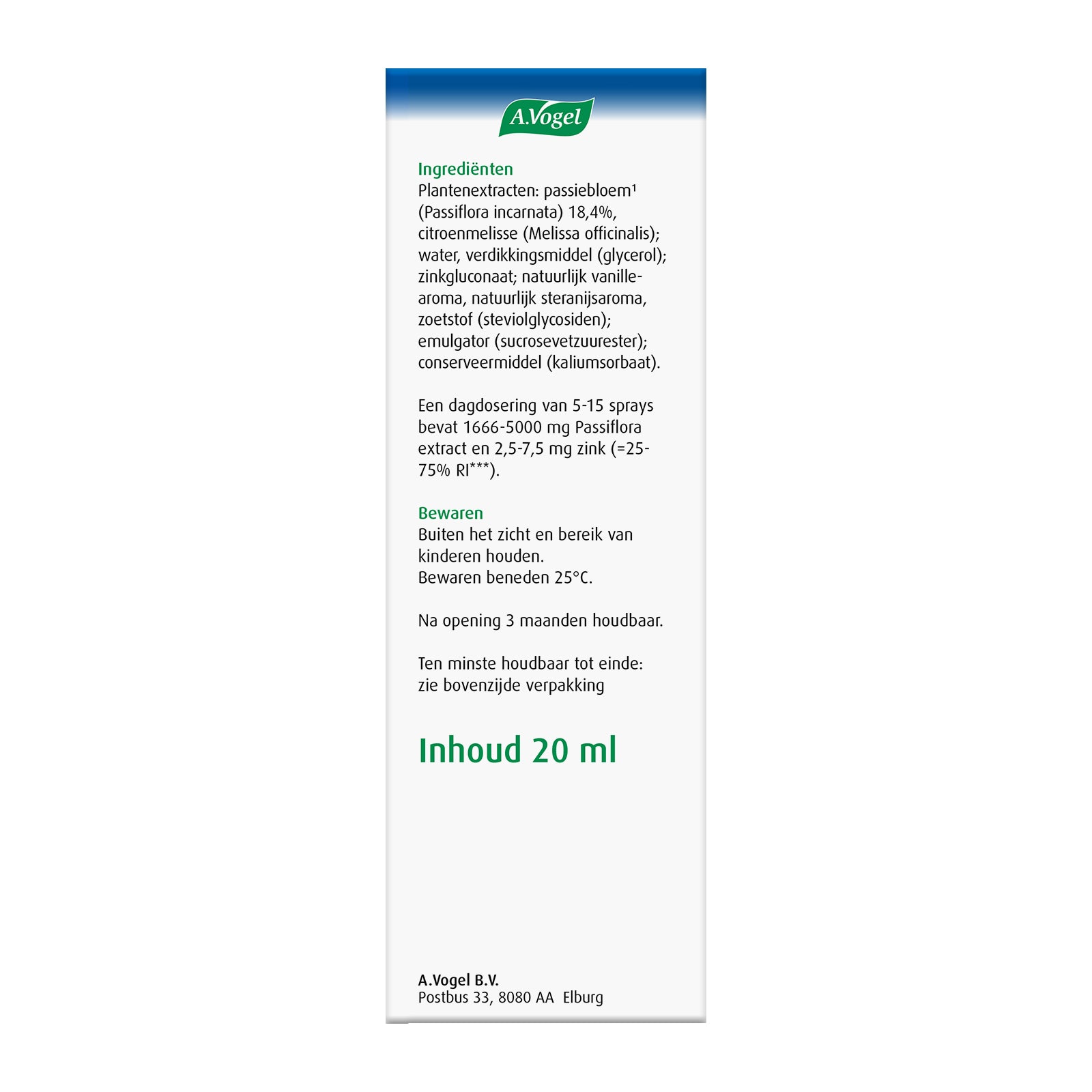 A Vogel Passiflora rustgevende spray bottle, 20ml, herbal preparation with Passiflora for relaxation, shown with the spray nozzle.