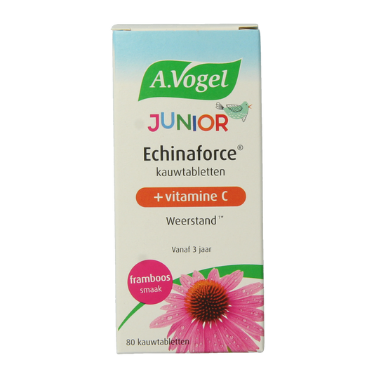 A Vogel Echinaforce Junior chewable tablets with vitamin C, herbal supplement for children, shown in a blister pack.