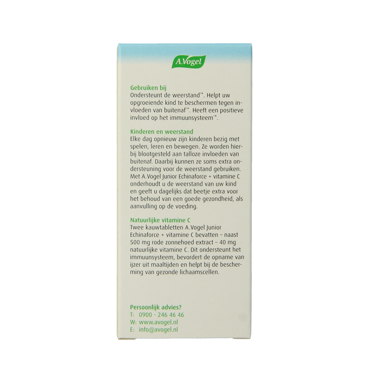 A Vogel Echinaforce Junior and Vitamin C chewable tablets, herbal supplement for kids, displayed in a clear container.