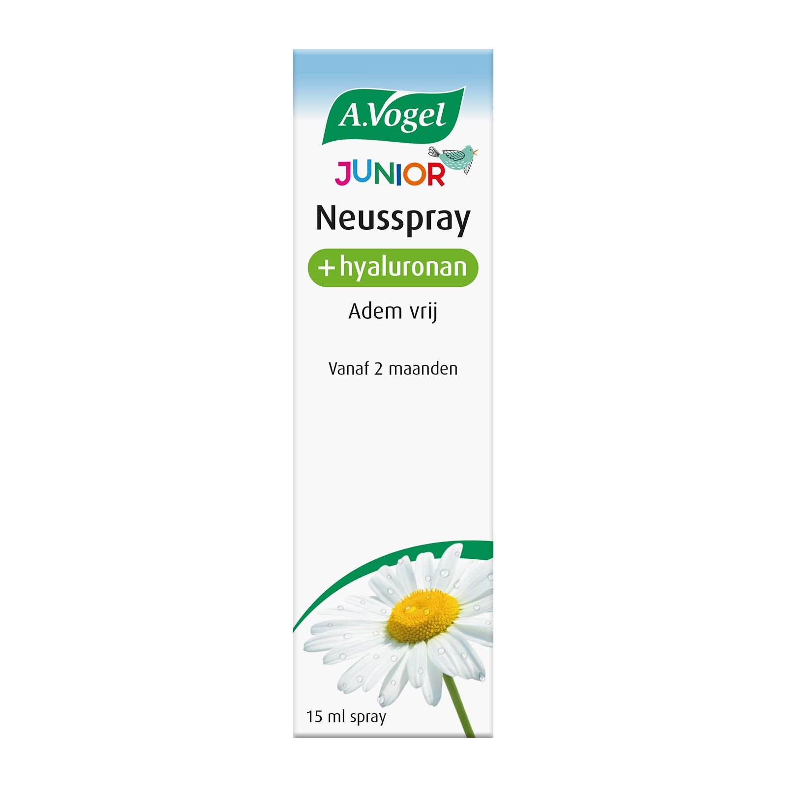 A Vogel Junior nasal spray bottle for kids, 15ml, in white and blue packaging, used for nasal care and inhalation.