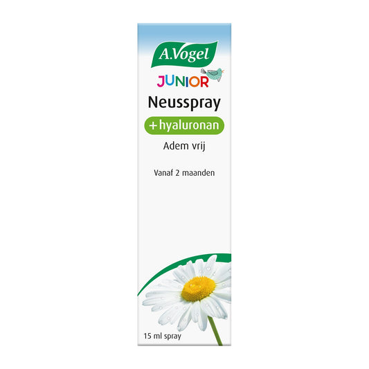 A Vogel Junior nasal spray bottle for kids, 15ml, in white and blue packaging, used for nasal care and inhalation.