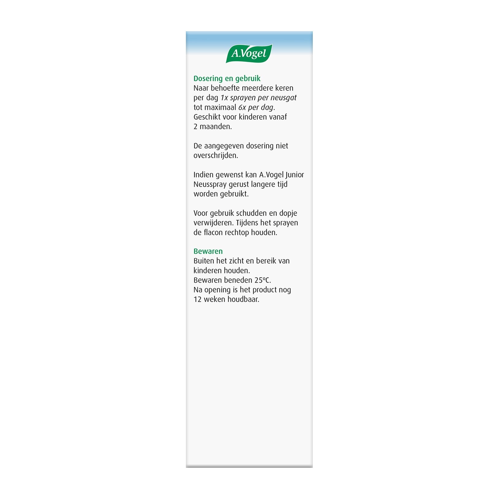 A Vogel Junior nasal spray bottle, 15ml, for nasal care and inhalation, with a child-friendly design.