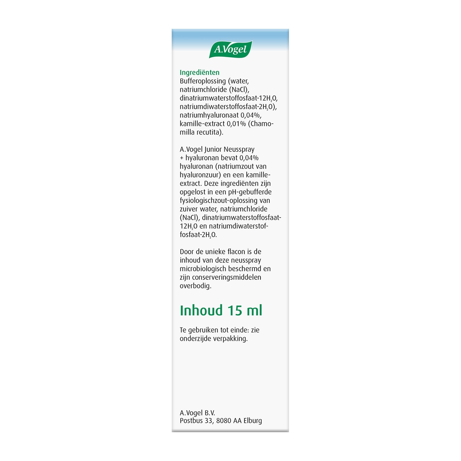 A Vogel Junior nasal spray bottle for nasal care and inhalation, 15 ml, with a child-friendly design.
