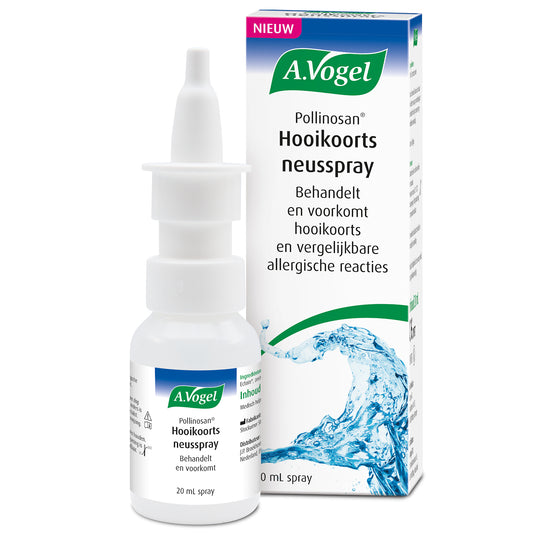 A Vogel Pollinosan hooikoorts neusspray 20ml, nasal spray for allergy relief, with a white and blue packaging design.