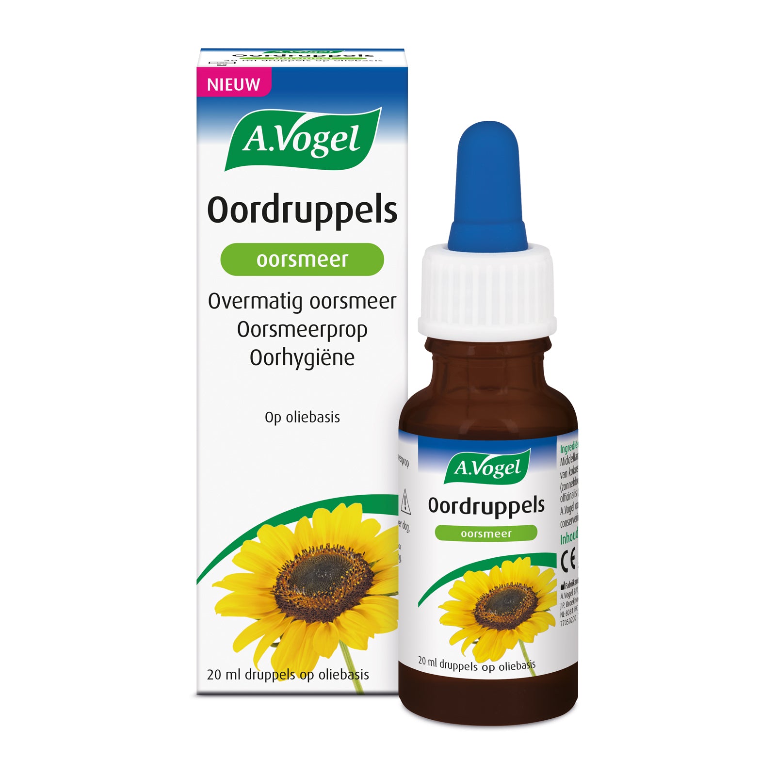 A Vogel Oordruppels for earwax removal, 20ml bottle, natural ear care product with dropper cap on white background.