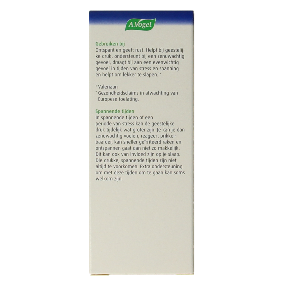 A Vogel Rustgevende druppels valeriaan in 50ml bottle, herbal supplement for relaxation, with a dropper and label showing herbal ingredients.