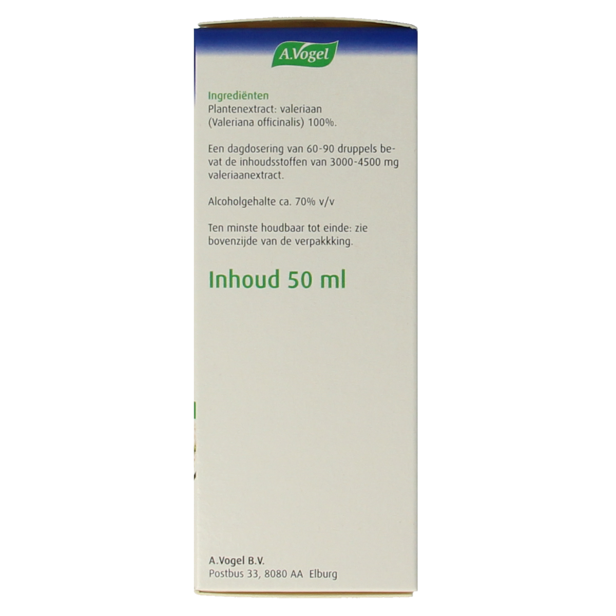 A Vogel Rustgevende druppels valeriaan herbal remedy in a 50ml bottle, shown with the dropper and label on the packaging.