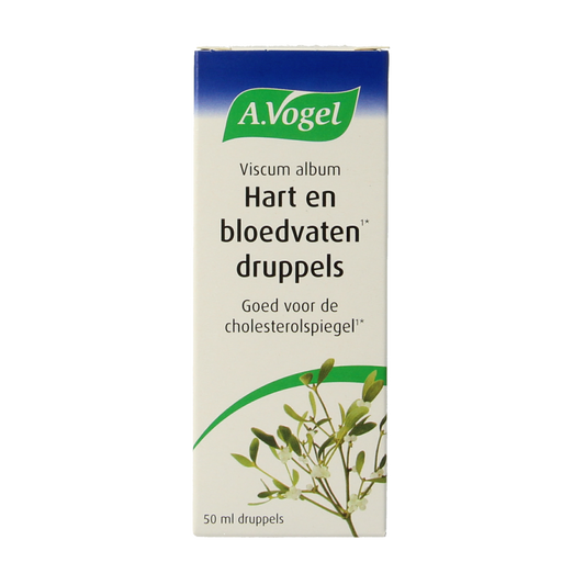 A Vogel Viscum album herbal remedy bottle for heart and blood vessels, 50ml, in a clear glass container with a label.