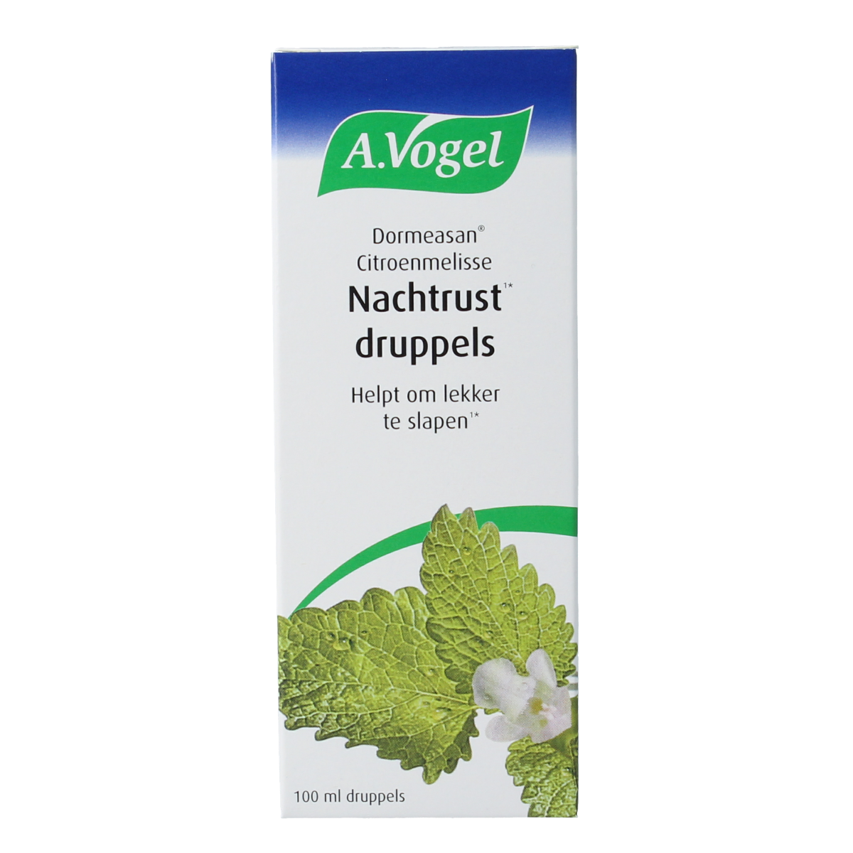 A Vogel Dormeasan Citroenmelisse Nachtrust druppels herbal supplement in a 100ml bottle, with lemon balm herbs for natural sleep support.