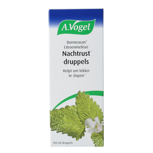 A Vogel Dormeasan Citroenmelisse Nachtrust druppels herbal supplement in a 100ml bottle, with lemon balm herbs for natural sleep support.