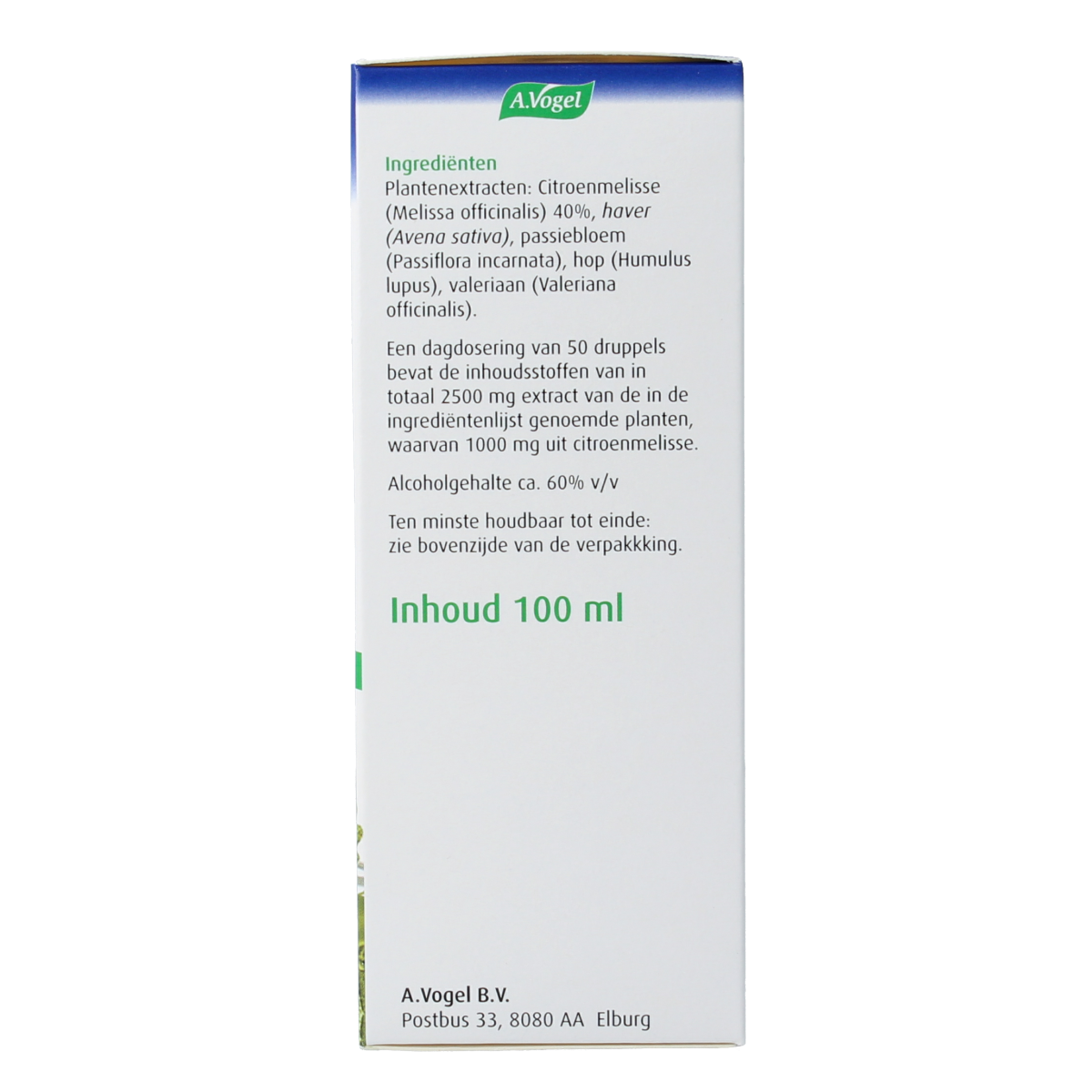 A Vogel Dormeasan Citroenmelisse Nachtrust kruidenpreparaten in 100ml bottle with lemon balm extract and dropper cap.