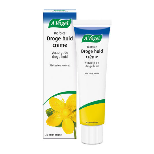 A Vogel Bioforce droge huid crème in 30g jar, natural body skincare for dry skin, with herbal ingredients.
