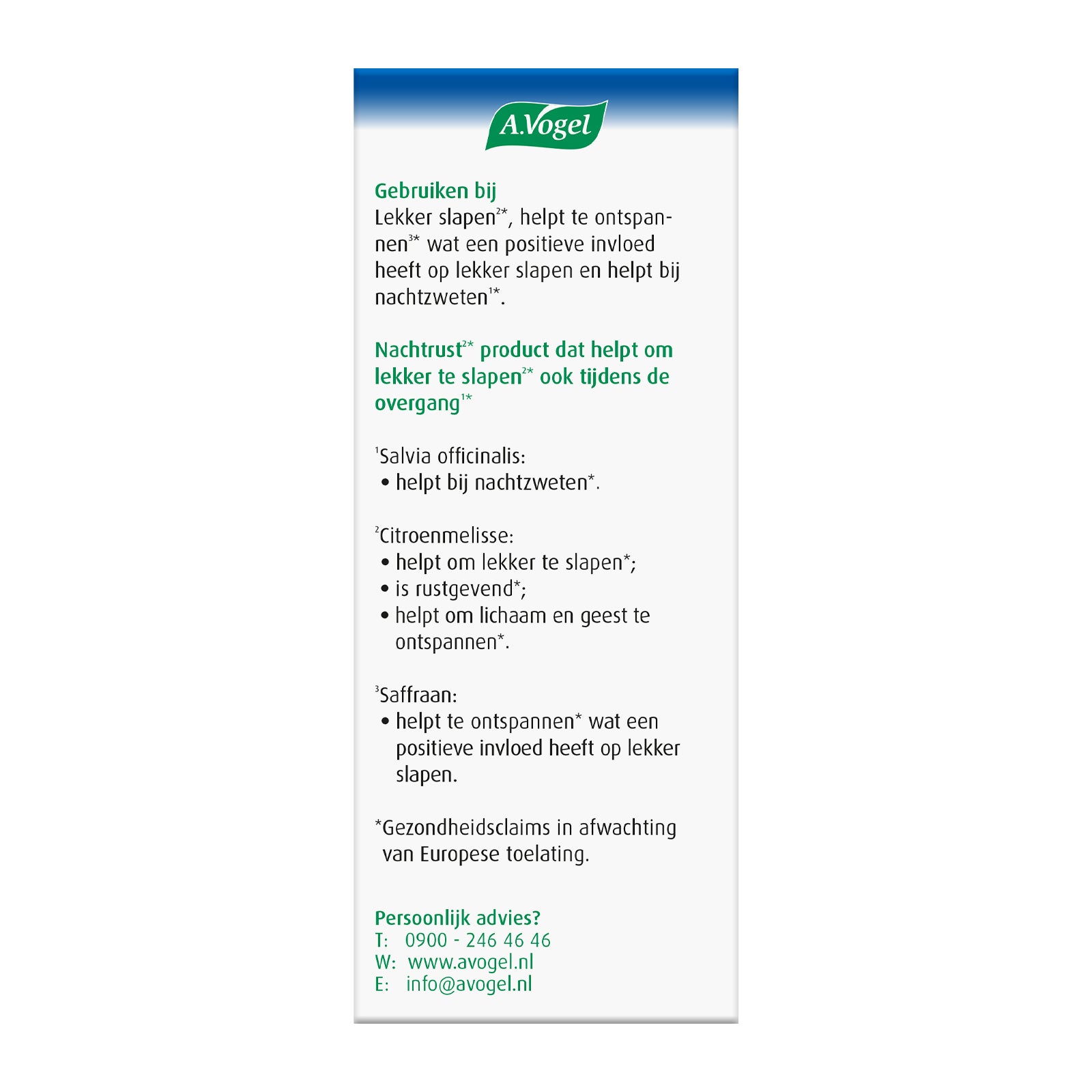 A Vogel Nachtrust herbal tablets for transition, 30 pieces, featuring natural herbal ingredients in a clear package.