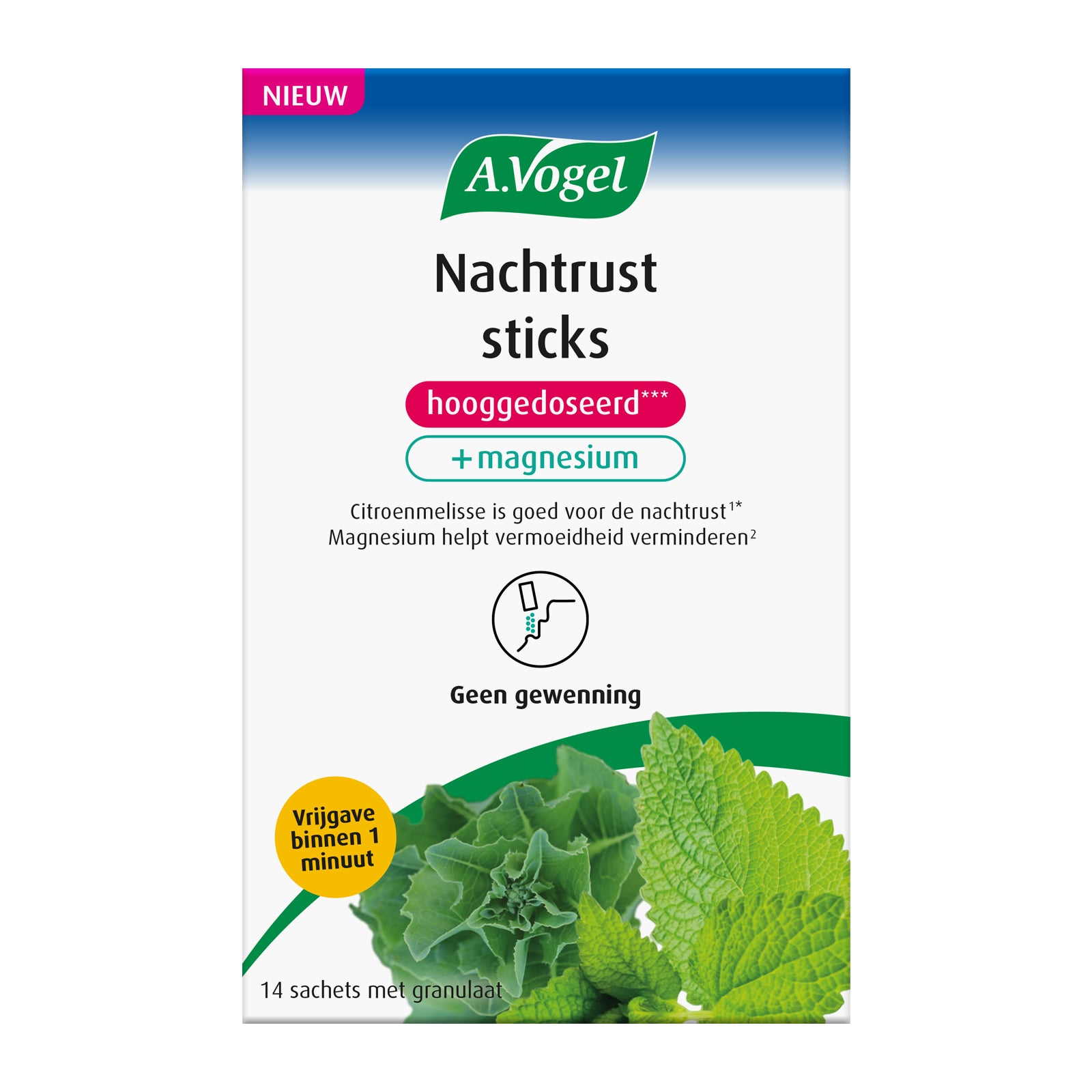 A Vogel Nachtrust sticks, herbal remedy package with 14 sticks of 2g each, in a white and green box for herbal preparations.