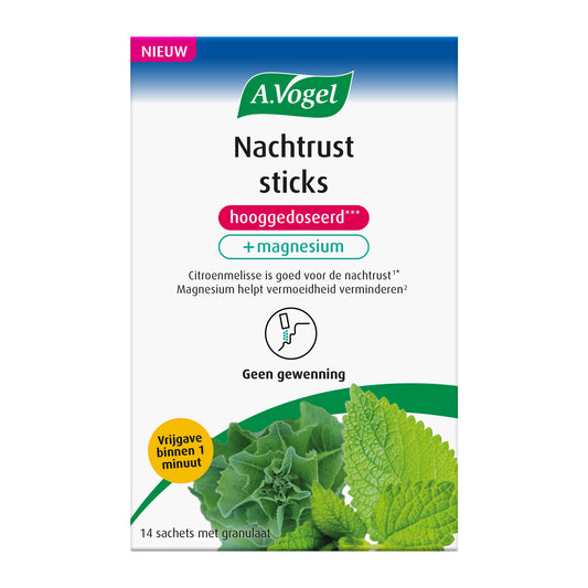 A Vogel Nachtrust sticks, herbal remedy package with 14 sticks of 2g each, in a white and green box for herbal preparations.