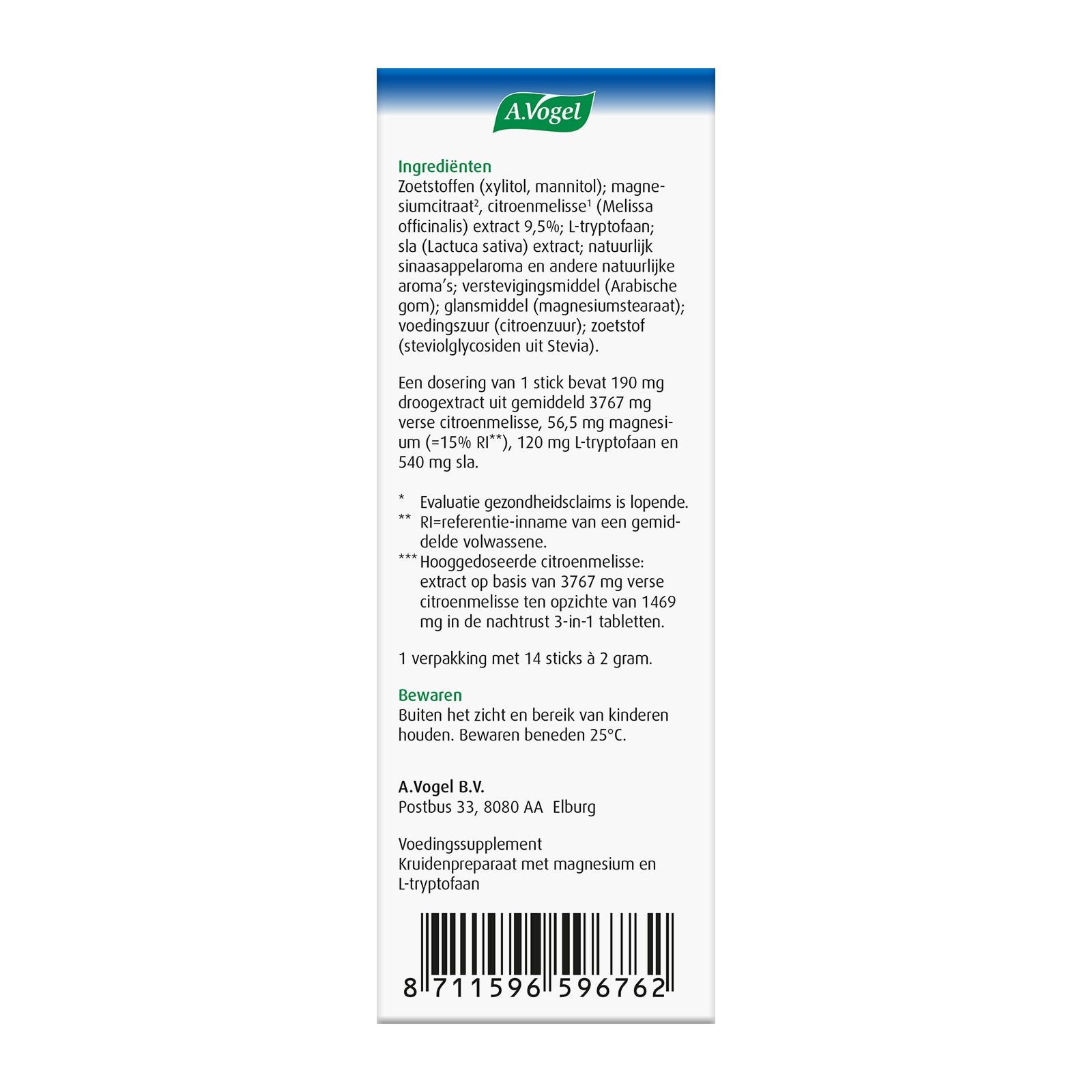 A Vogel Nachtrust herbal sticks, 14 packs of 2g each, featuring natural herbal ingredients for relaxation and sleep support.