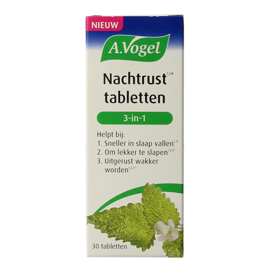 A Vogel Dormeasan Nachtrust 3-in-1 kruidenpreparaten in verpakking with 30 tablets, natural herbal sleep aid.