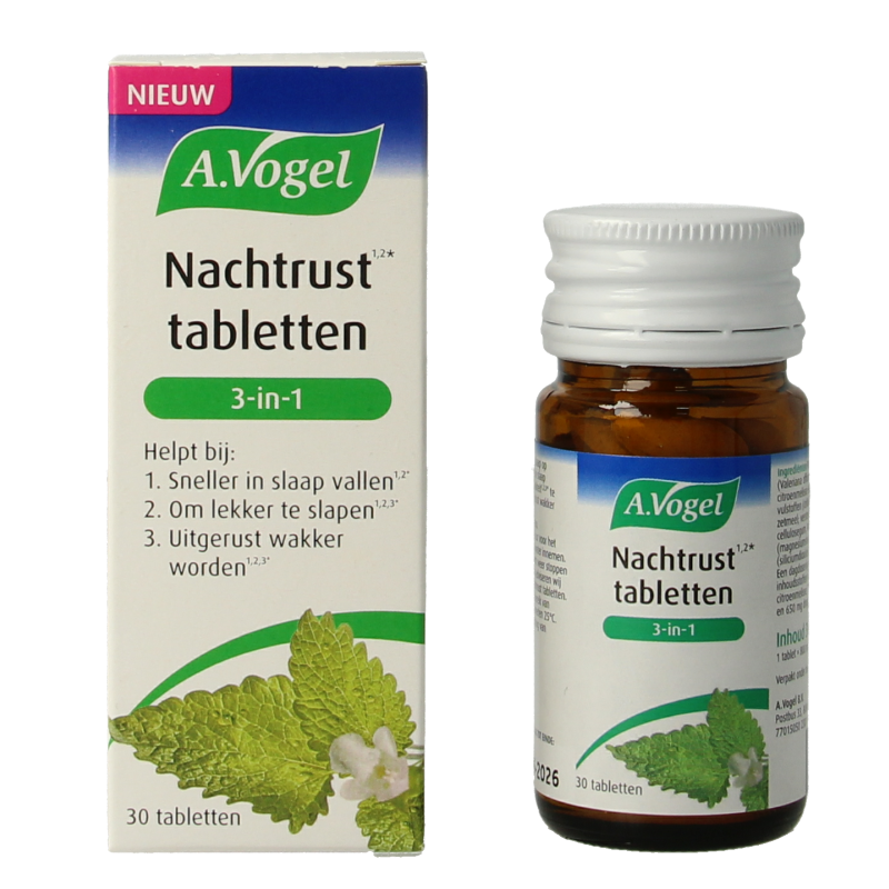 A Vogel Dormeasan nachtrust 3-in-1 herbal supplement in a box of 30 tablets, showcasing the product packaging.