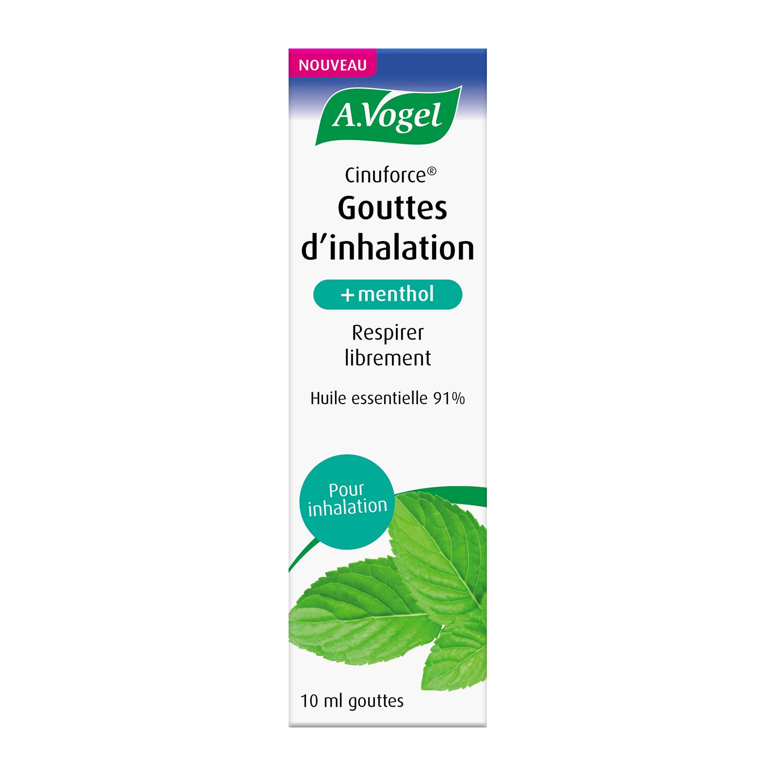 A Vogel Cinuforce nasal care and inhalation drops in a 10ml bottle, designed for nasal relief and respiratory support.
