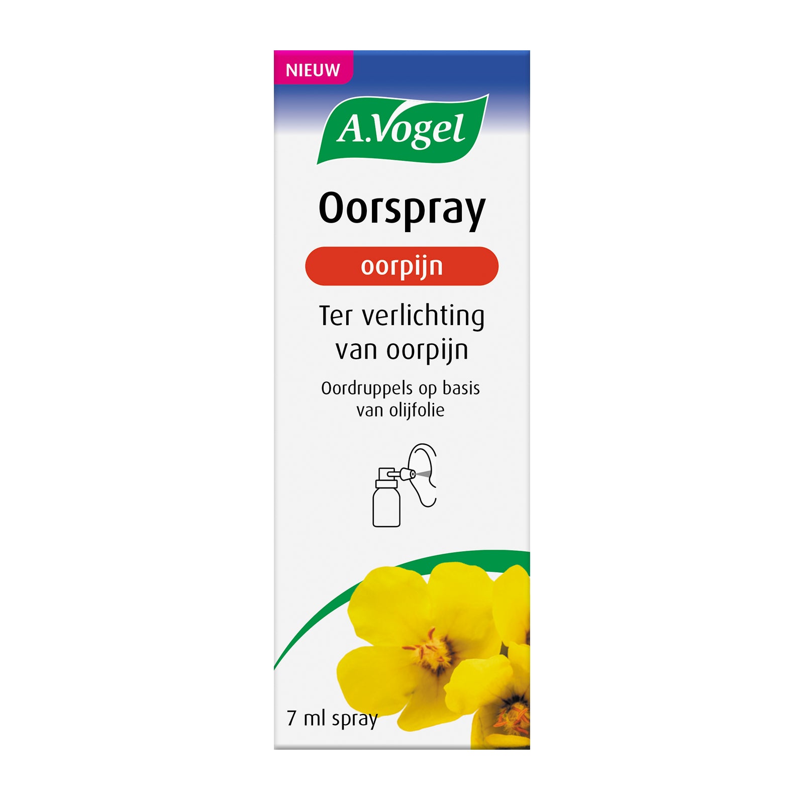 A Vogel Oorspray ear care spray, 7ml, in a small white bottle with a spray nozzle for ear discomfort relief.