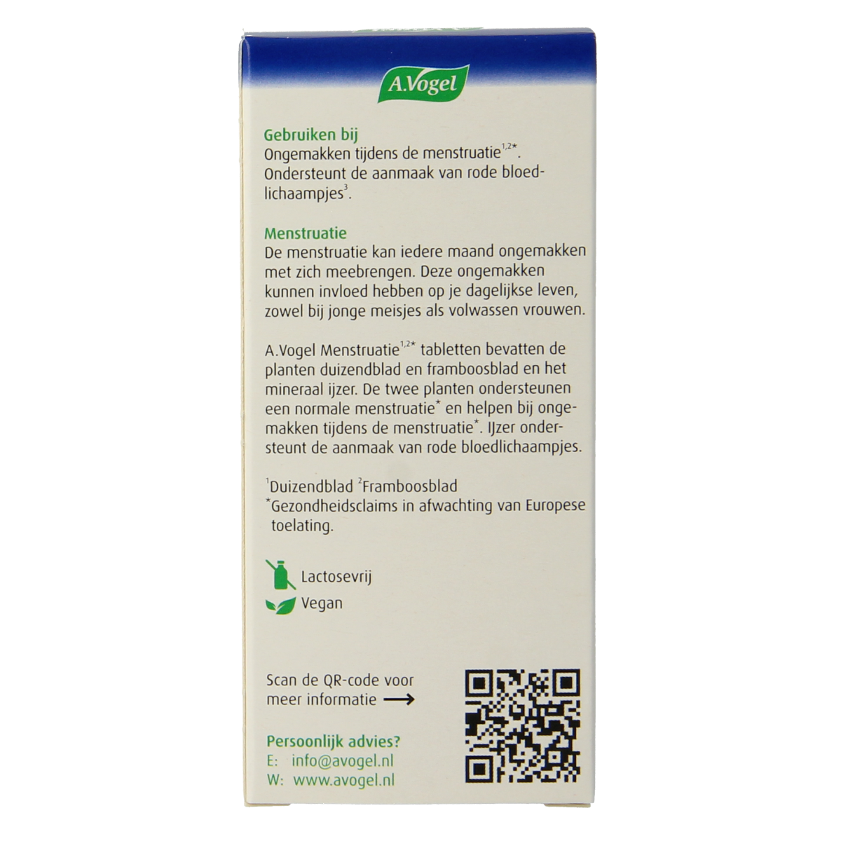 A Vogel Menstruatietabletten herbal supplement in a white bottle with 30 tablets, designed to support menstrual health.