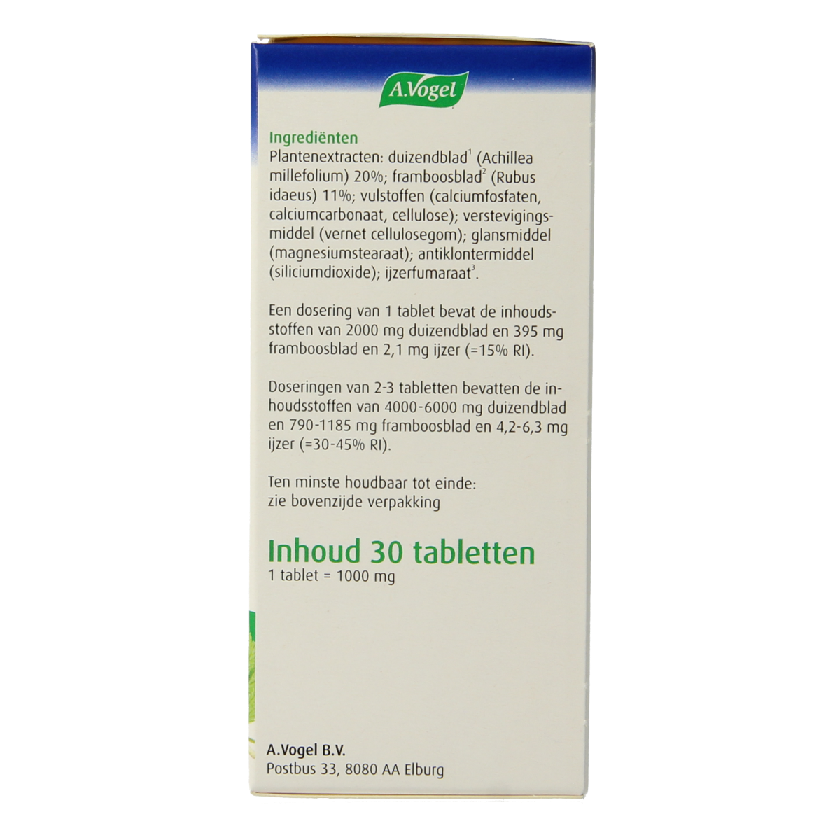 A Vogel Menstruatietabletten herbal supplement in a blister pack containing 30 tablets, designed to support menstrual health.