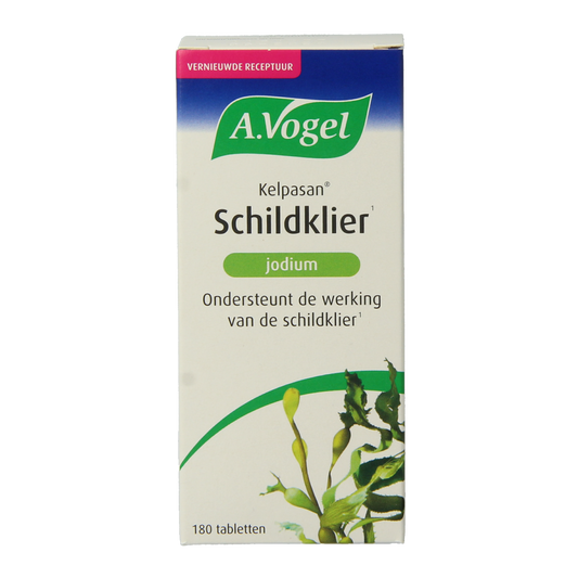 A Vogel Kelpasan thyroid herbal supplement bottles with tablets, featuring product packaging and label details.