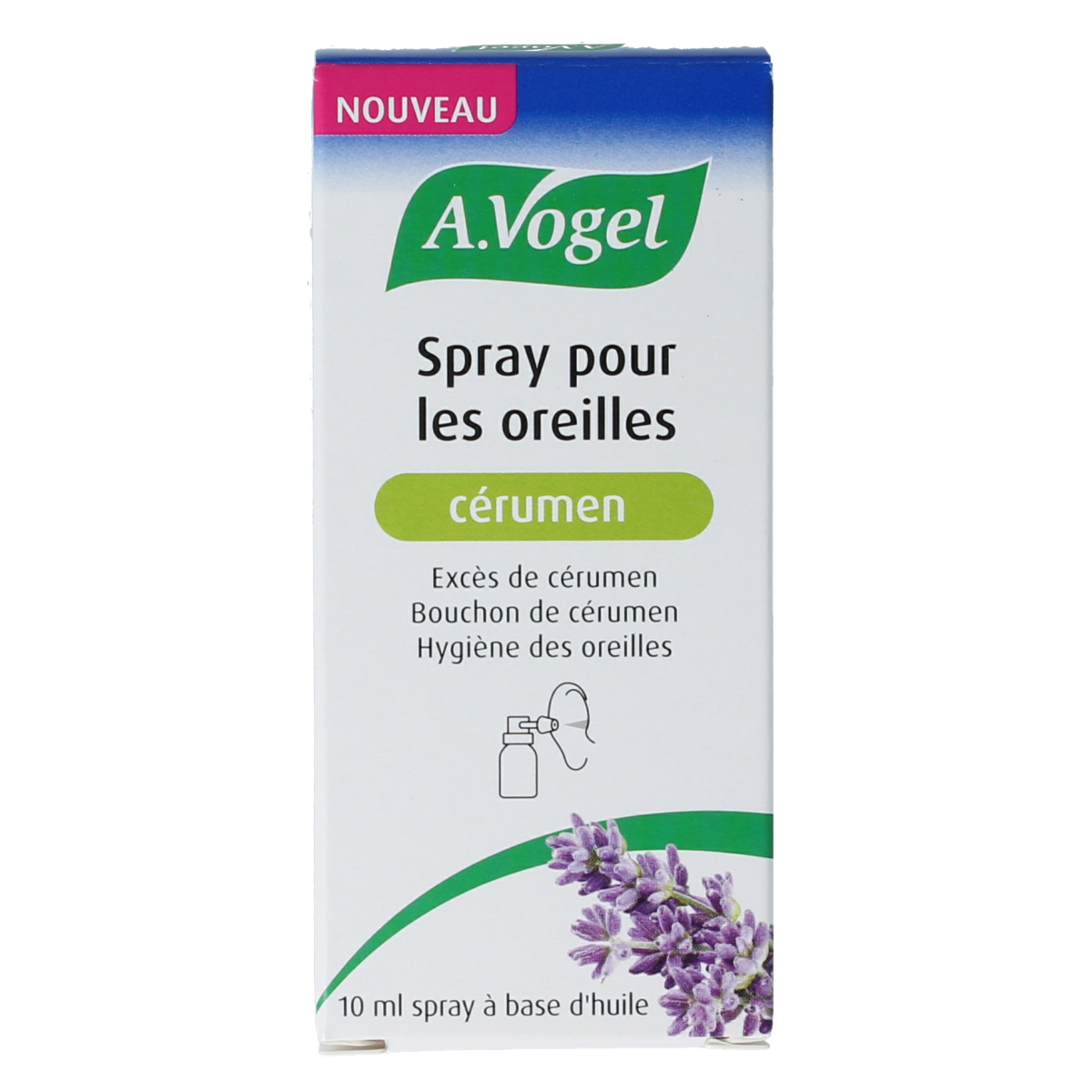 A Vogel Oorspray earwax removal spray bottle, 10ml, for ear care with natural ingredients, shown with nozzle and packaging.