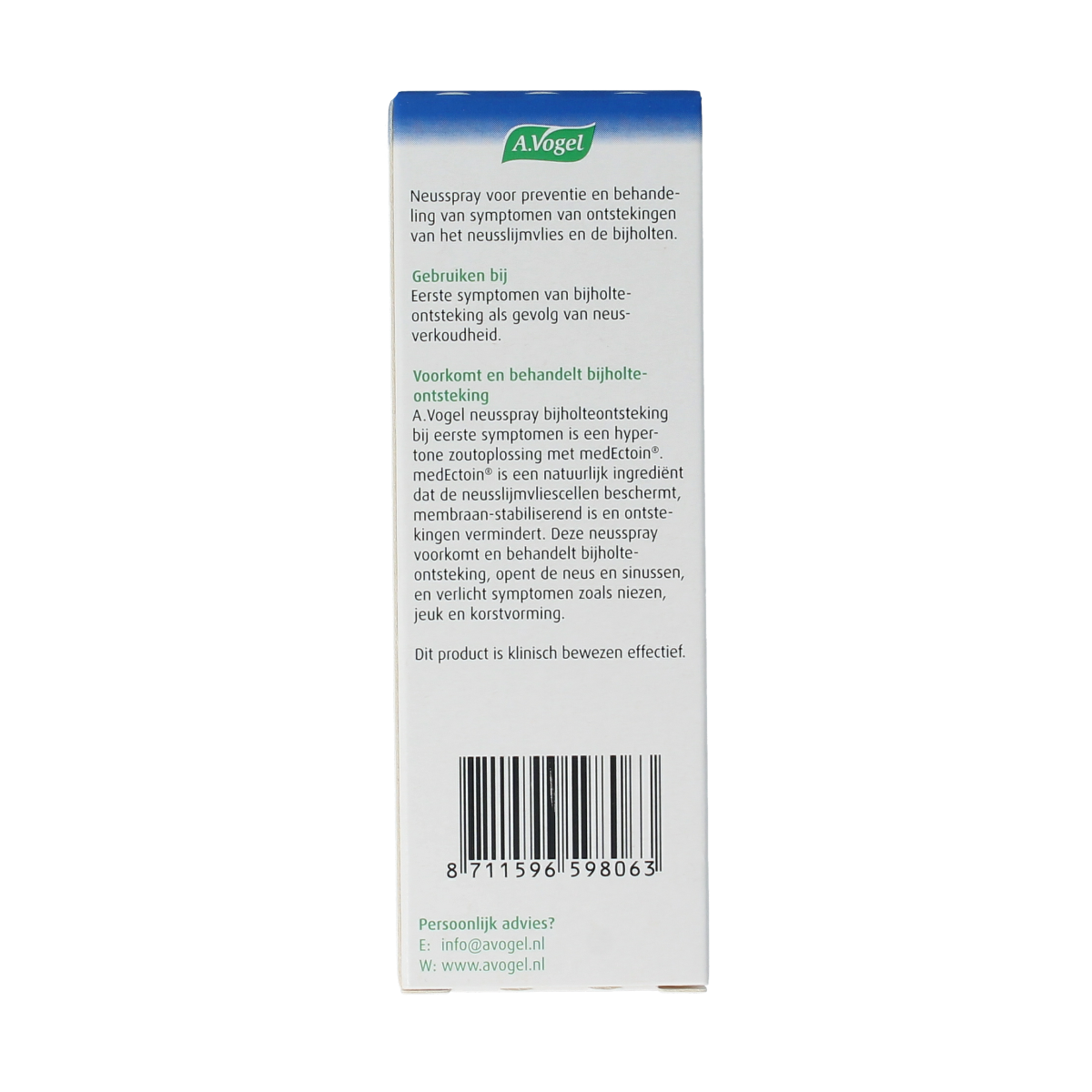 A Vogel Neusspray bijholte eerste symptomen 20ml nasal spray for sinus care and inhalation, in a white and blue bottle