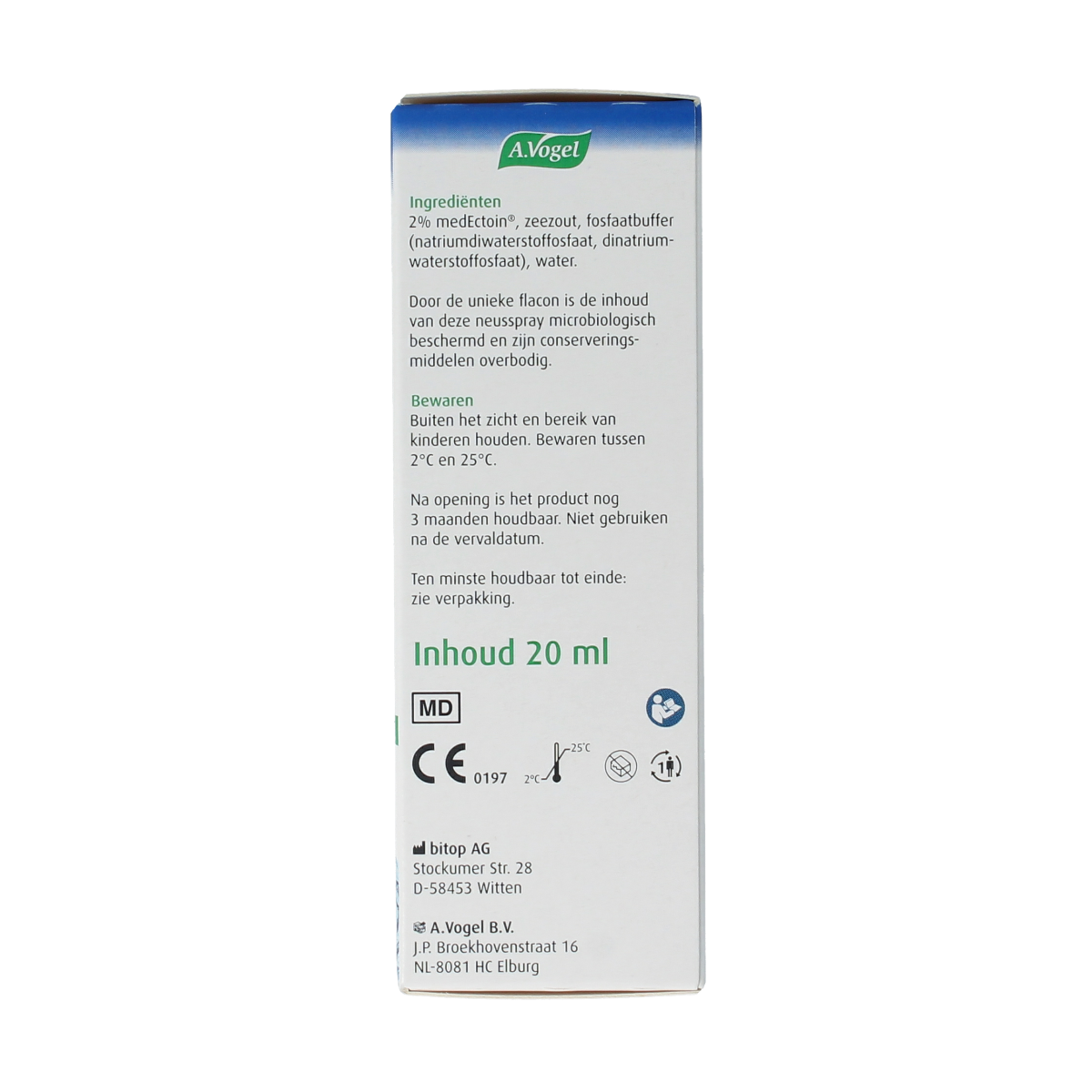 A Vogel Neusspray bijholte eerste symptomen, 20ml, nasal spray for sinus relief, in a clear spray bottle with a white cap.