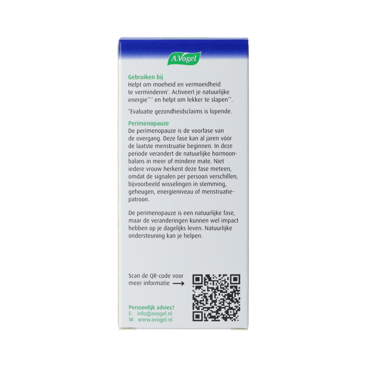 A Vogel Perimenopauze fysiek tablets, dietary supplement with 30 capsules for menopause support, in a clear bottle.