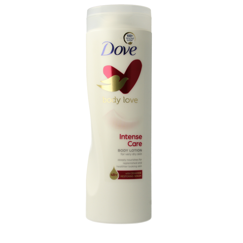 Dove Bodylotion intensief 400ml bottle showing the moisturizing lotion with a white cap and Dove branding.